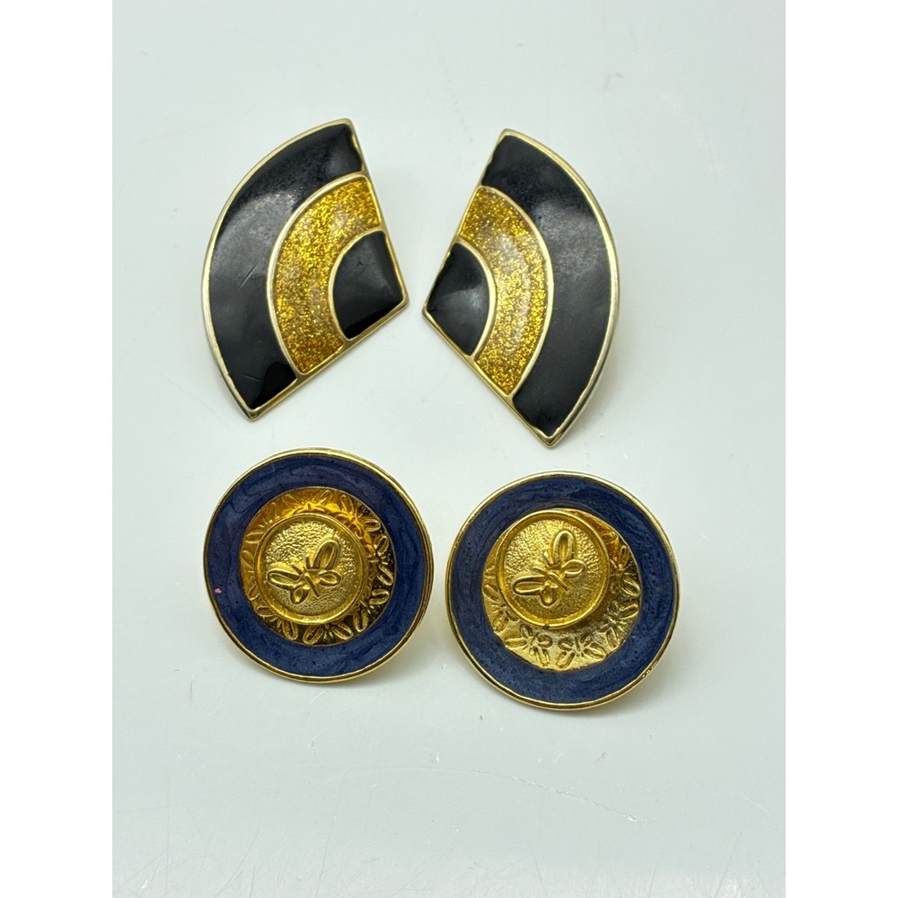 Vintage 80s Stud Earring Lot of 2 Geometric Fan Butterfly Black Gold Navy Enamel